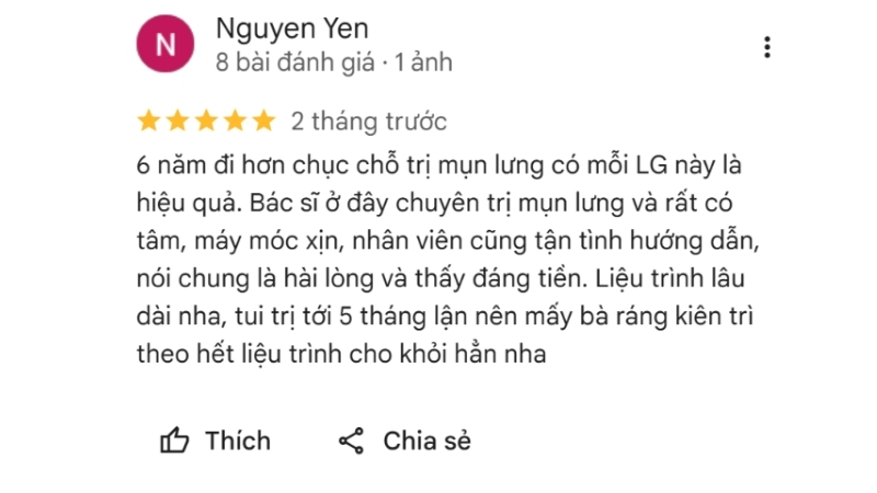 đánh giá khách hàng sau khi trị mụn lưng tại phòng khám da liễu lg