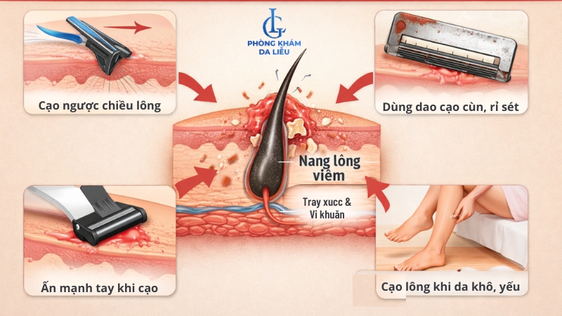nguyên nhân lỗ chân lông bị viêm sau khi cạo lông