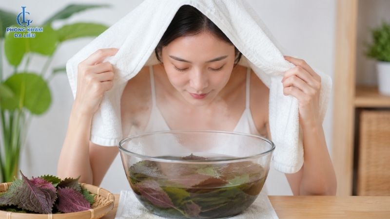 xông mặt trị nám bằng lá tía tô